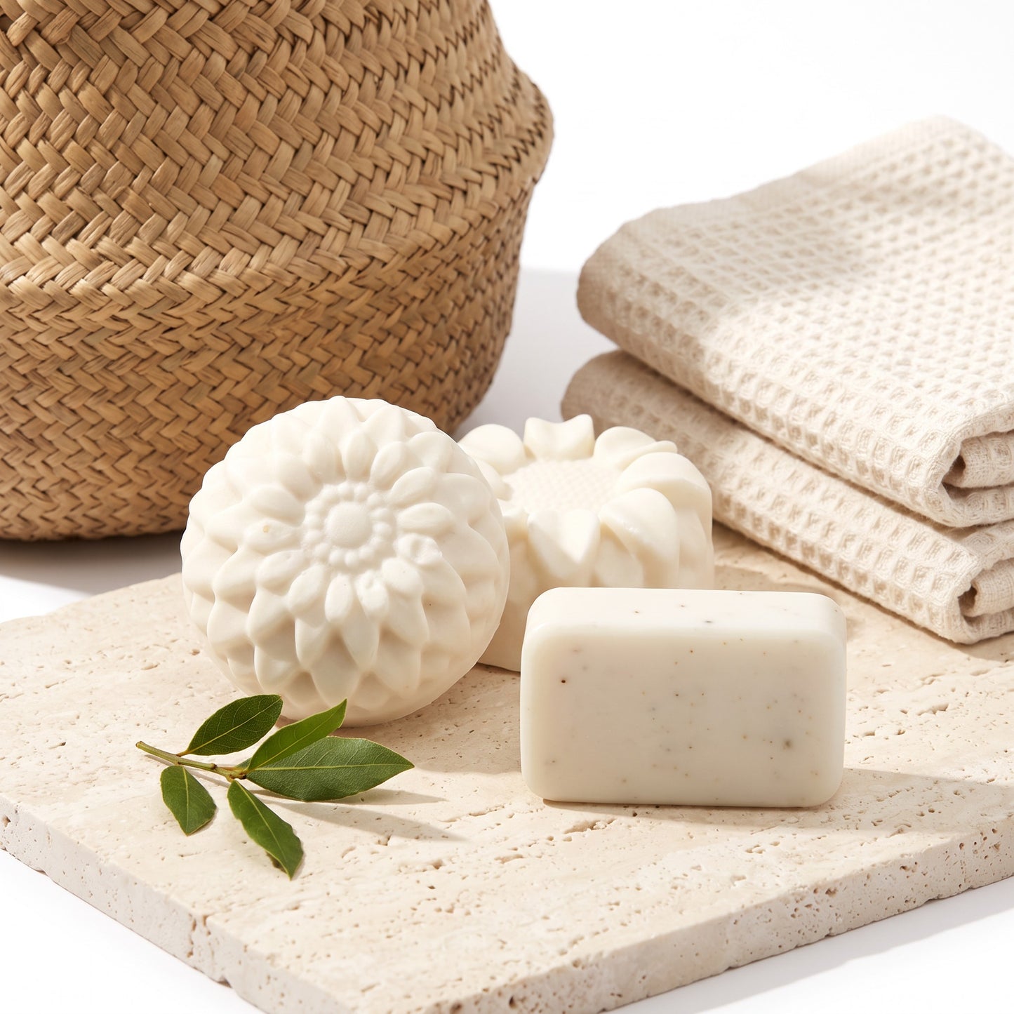 Pure Wash solid body lotion bars made with shea butter and coconut oil, displayed on a stone tray with a towel.