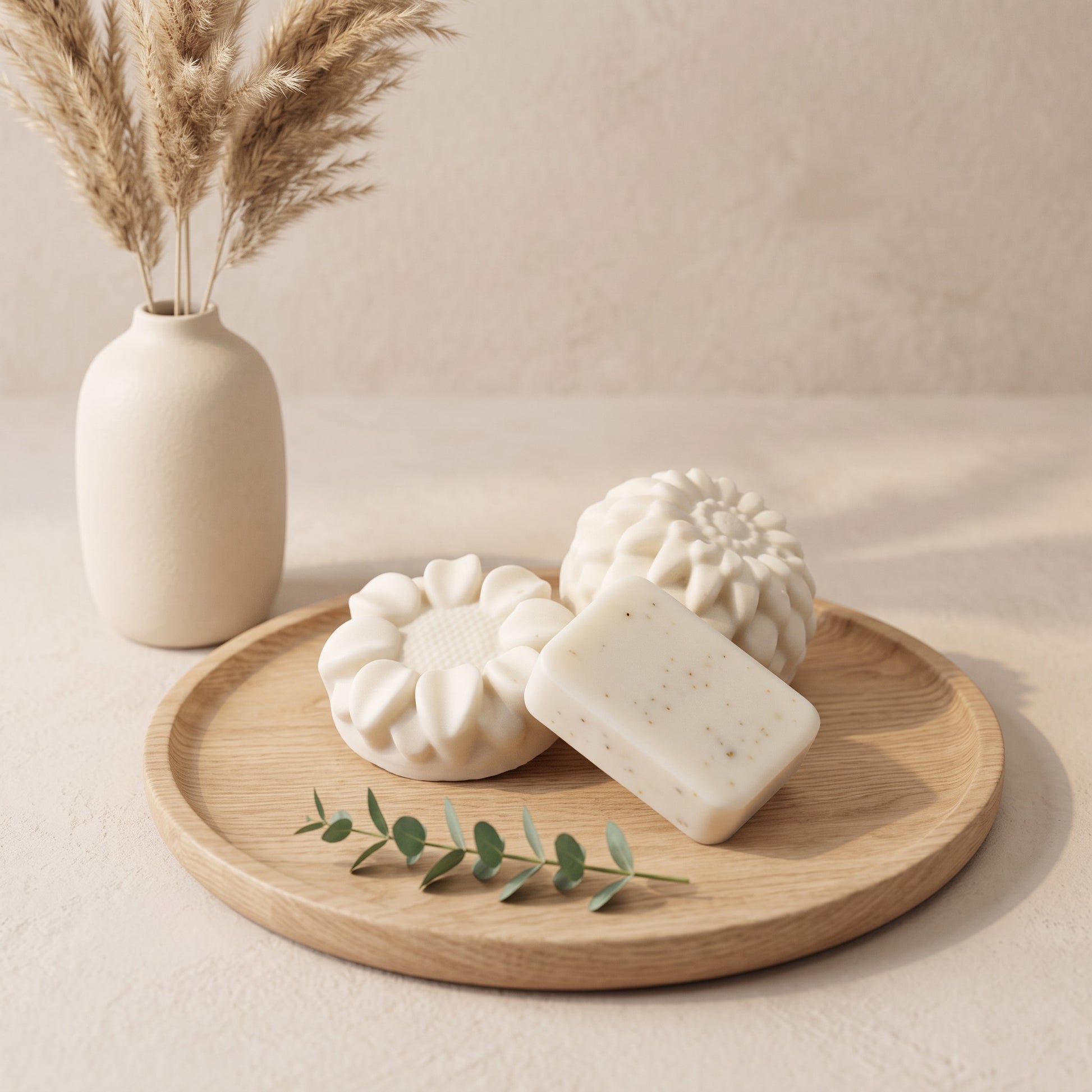Pure Wash solid shea butter and coconut oil body lotion bars on a wooden tray with a decorative vase