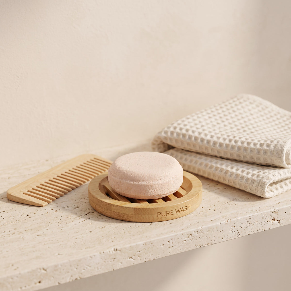 Pure Wash solid shampoo bar in light pink on a bamboo soap dish with a wooden comb and waffle towel on a stone shelf.
