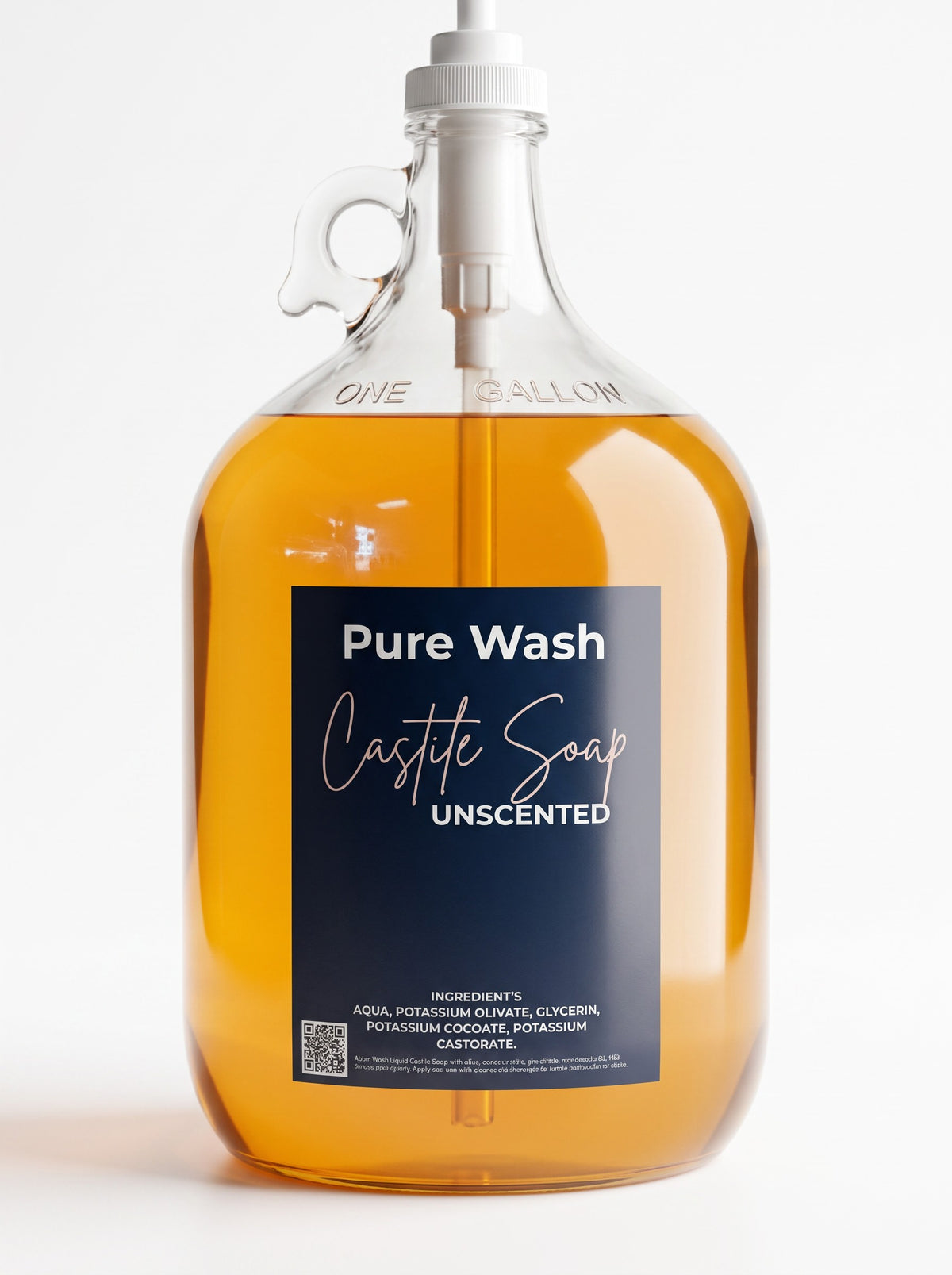 Pure Wash unscented liquid castile soap in a one-gallon glass jug with a pump dispenser for refillable cleaning.