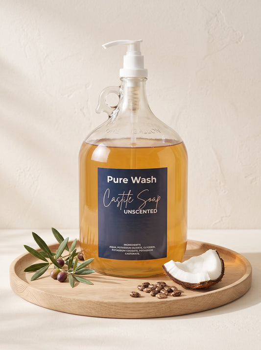 Pure Wash unscented concentrated castile soap in a large glass gallon jug with pump on a wooden tray with ingredients.