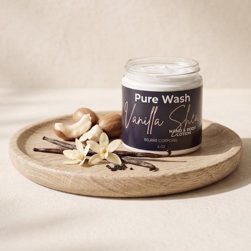 Pure Wash Vanilla Shea body and hand lotion in a glass jar on a wooden tray with vanilla beans and shea nuts.