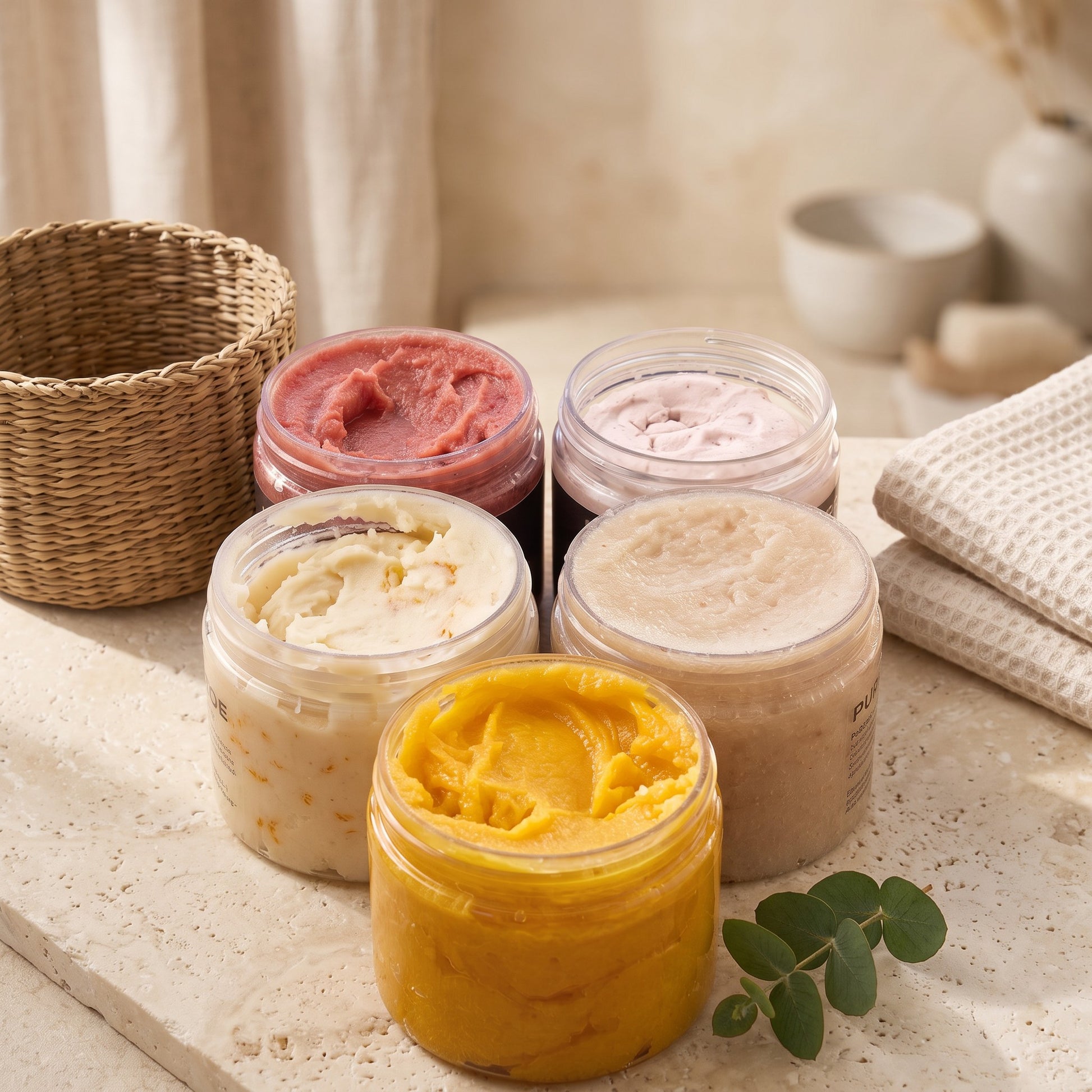 Pure Wash whipped body butter jars in various colors and scents arranged on a stone surface with a woven basket.