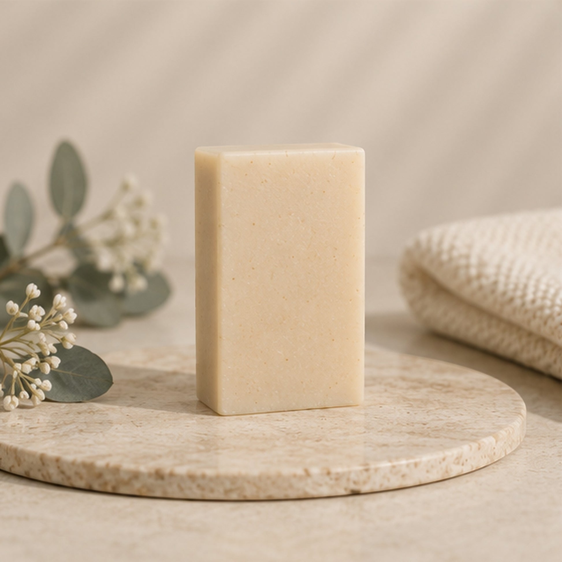 Pure Wash WinterPeg natural peppermint eucalyptus soap bar on a stone tray with eucalyptus sprigs and a towel.