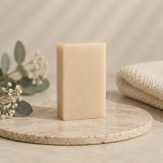 Pure Wash WinterPeg natural peppermint eucalyptus soap bar on a stone tray with eucalyptus sprigs and a towel.