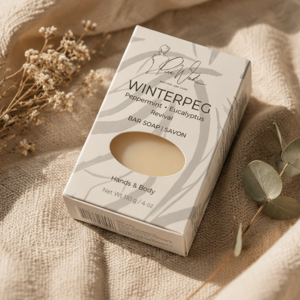 Pure Wash WinterPeg natural peppermint eucalyptus soap bar in eco-friendly packaging on a textured beige fabric.