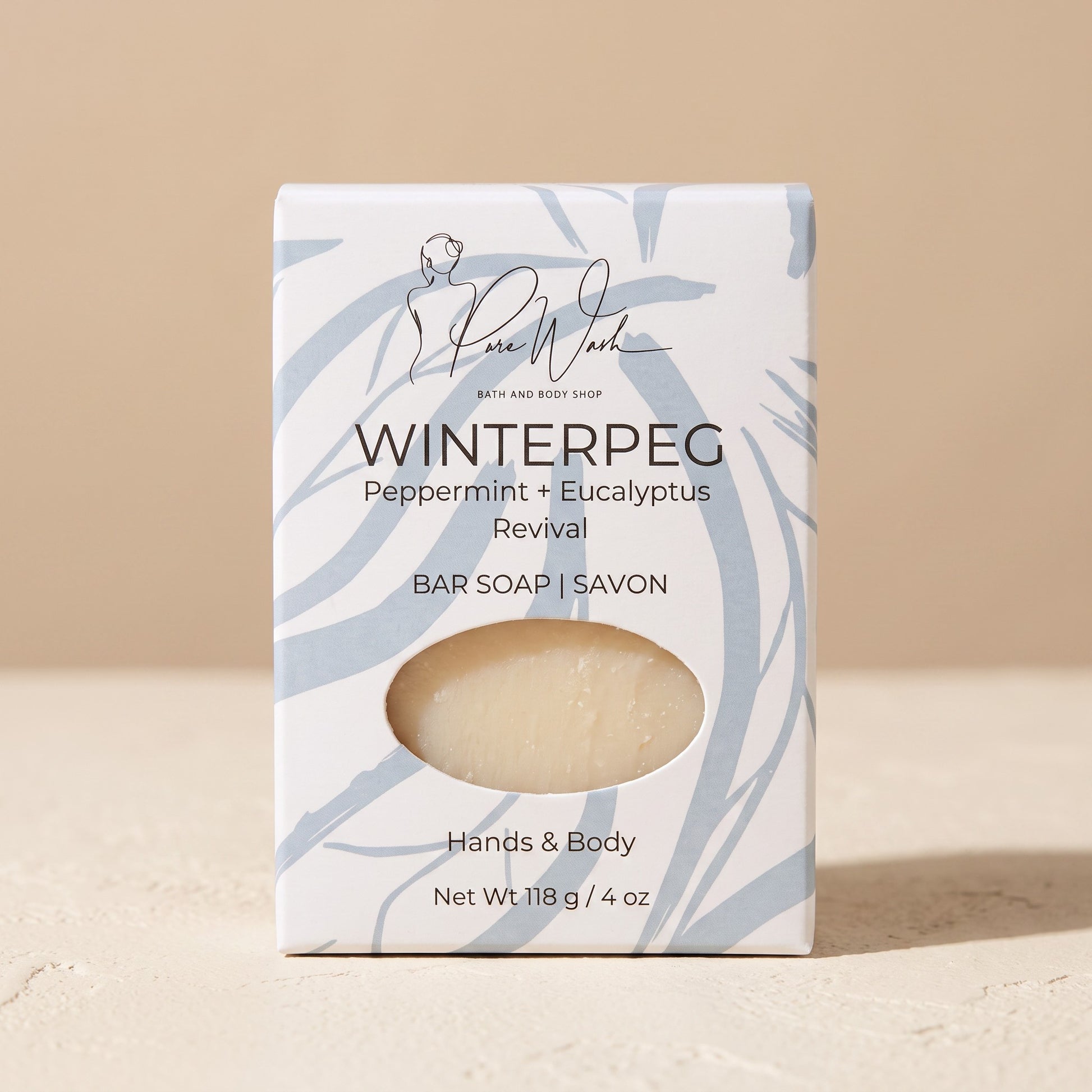 Pure Wash WinterPeg peppermint and eucalyptus scented soap bar in white packaging with blue leaf illustrations.