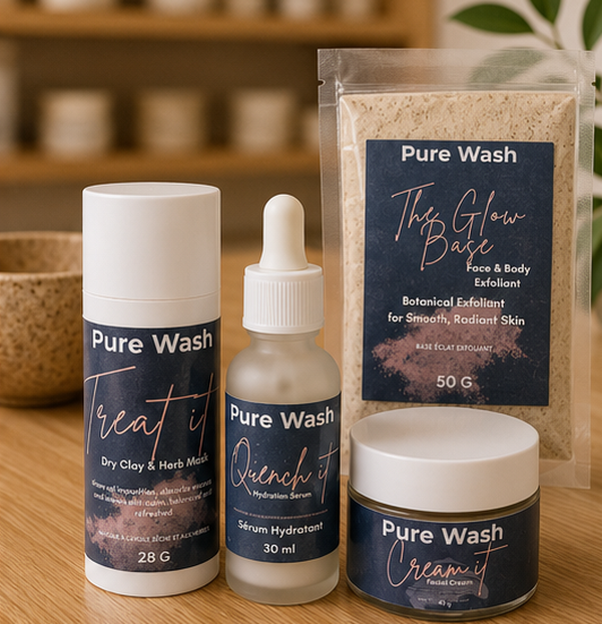The It Line by Pure Wash, alternate view of the mask, exfoliant, serum and moisturizer