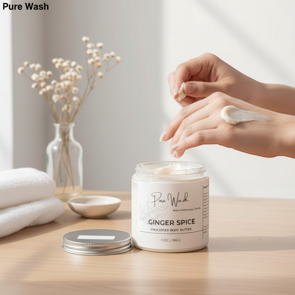 Pure Wash Ginger Spice Emulsified Body Butter, a rich, fast-absorbing formula for deep hydration.