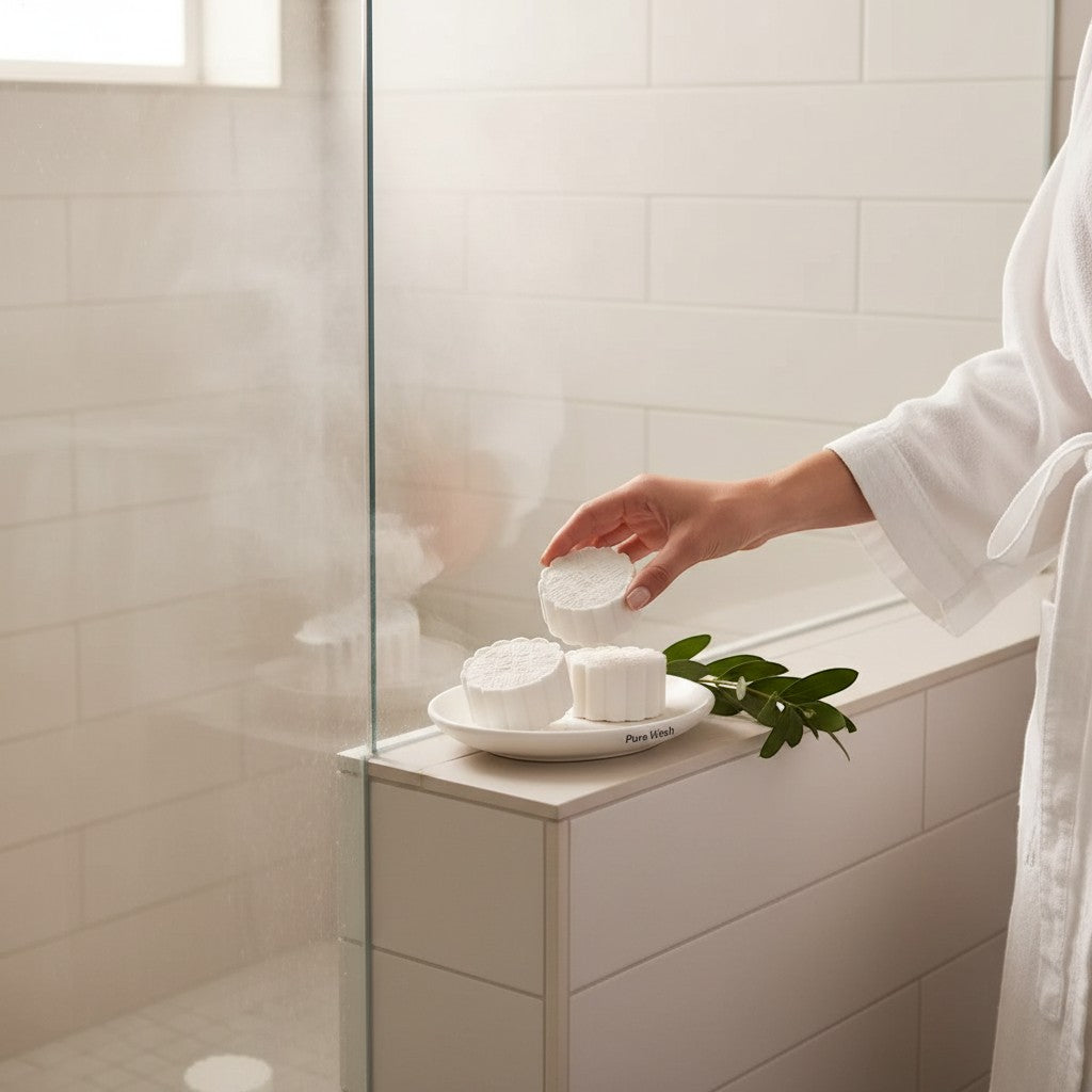 Pure Wash white handcrafted shower steamers with menthol and relaxed aromatherapy blends, perfect for spa-like showers.