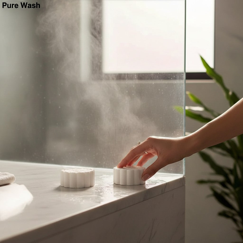 Pure Wash white handcrafted shower steamers with menthol and relaxed aromatherapy blends, placed on a wooden surface with green leaves.