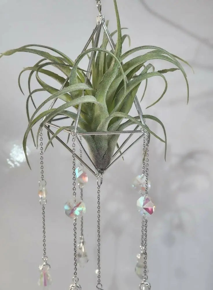A silver geometric pyramid air plant suncatcher with dangling iridescent crystal beads holding a green air plant