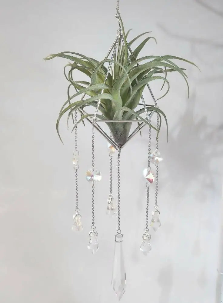 Silver geometric pyramid air plant suncatcher with a green air plant and iridescent crystal charms hanging ornament