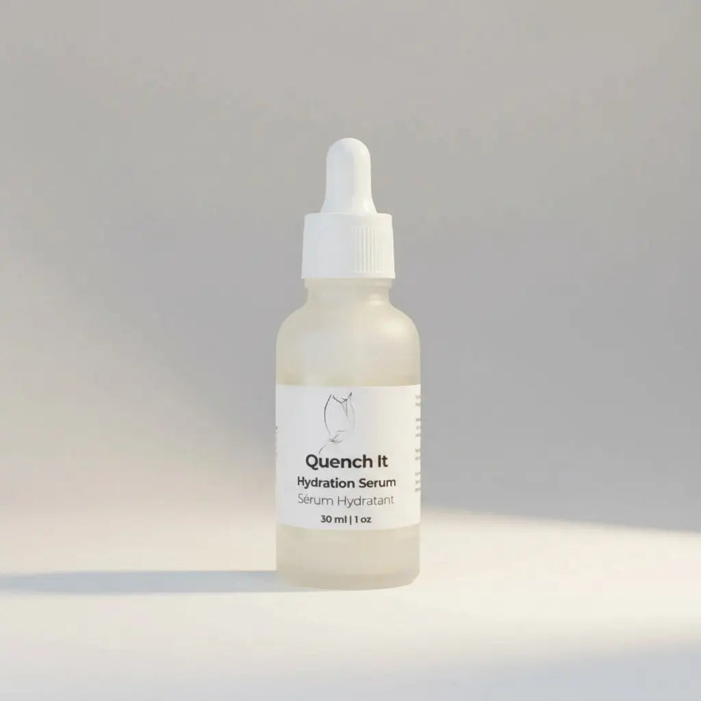 A clear glass bottle with white dropper cap containing Quench It hydrating serum with cucumber seed oil and aloe barbadensis leaf juice to support skin barrier