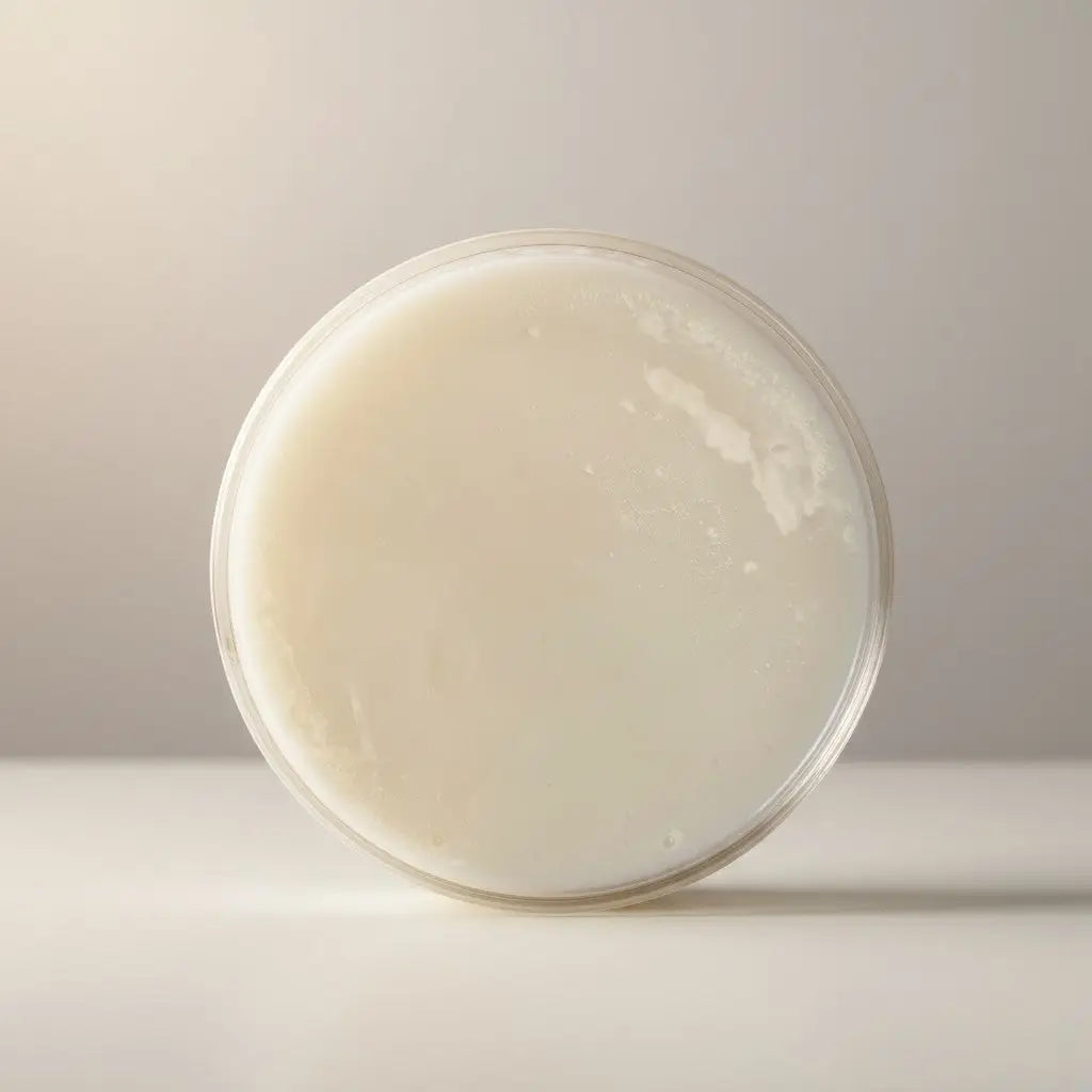 A creamy white smooth serum refill with seed oil displayed in a clear glass petri dish for refill station use