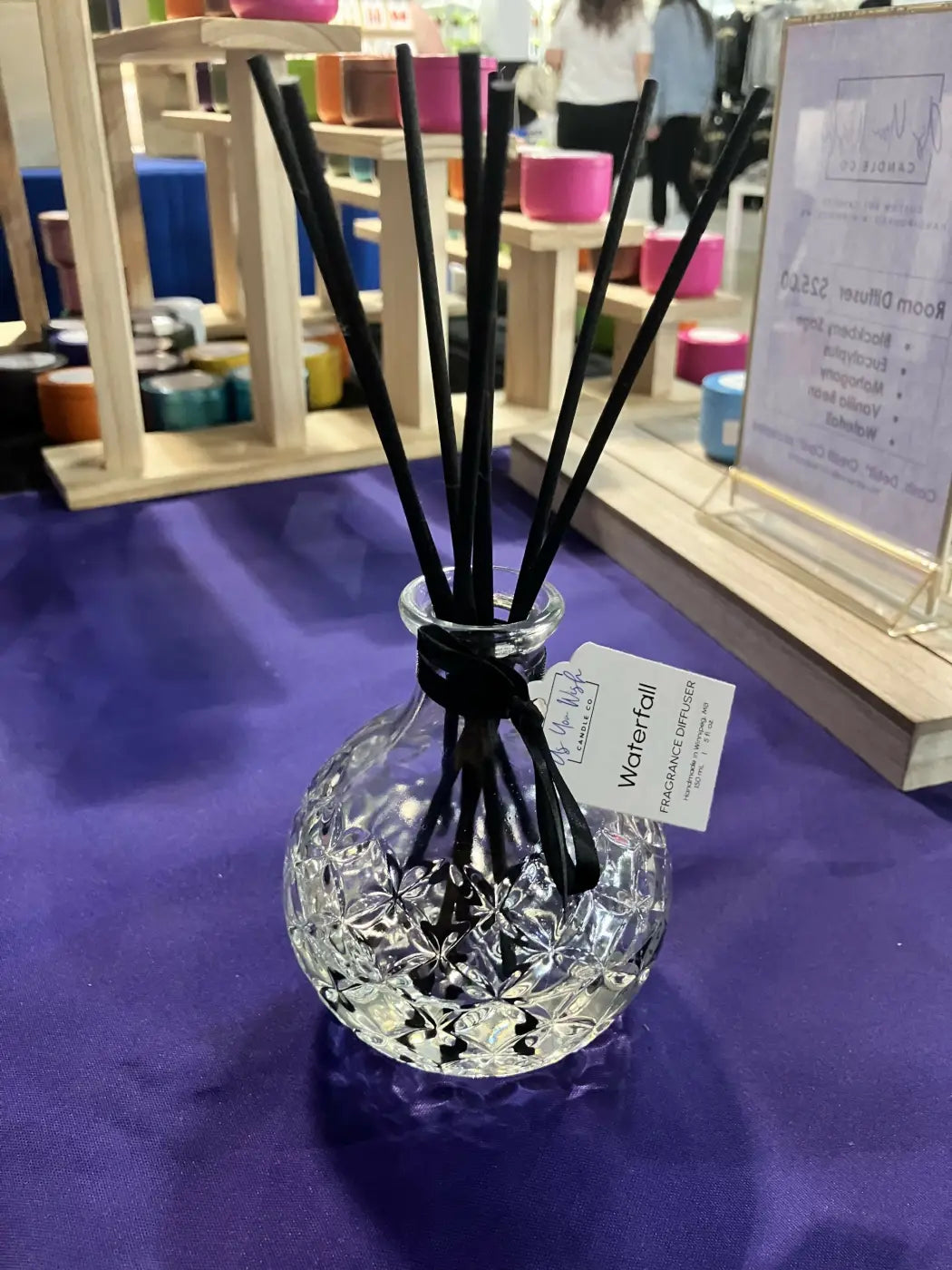 Clear crystal glass reed diffuser with black reeds and waterfall scent tag for handmade soap canada and reed diffusers