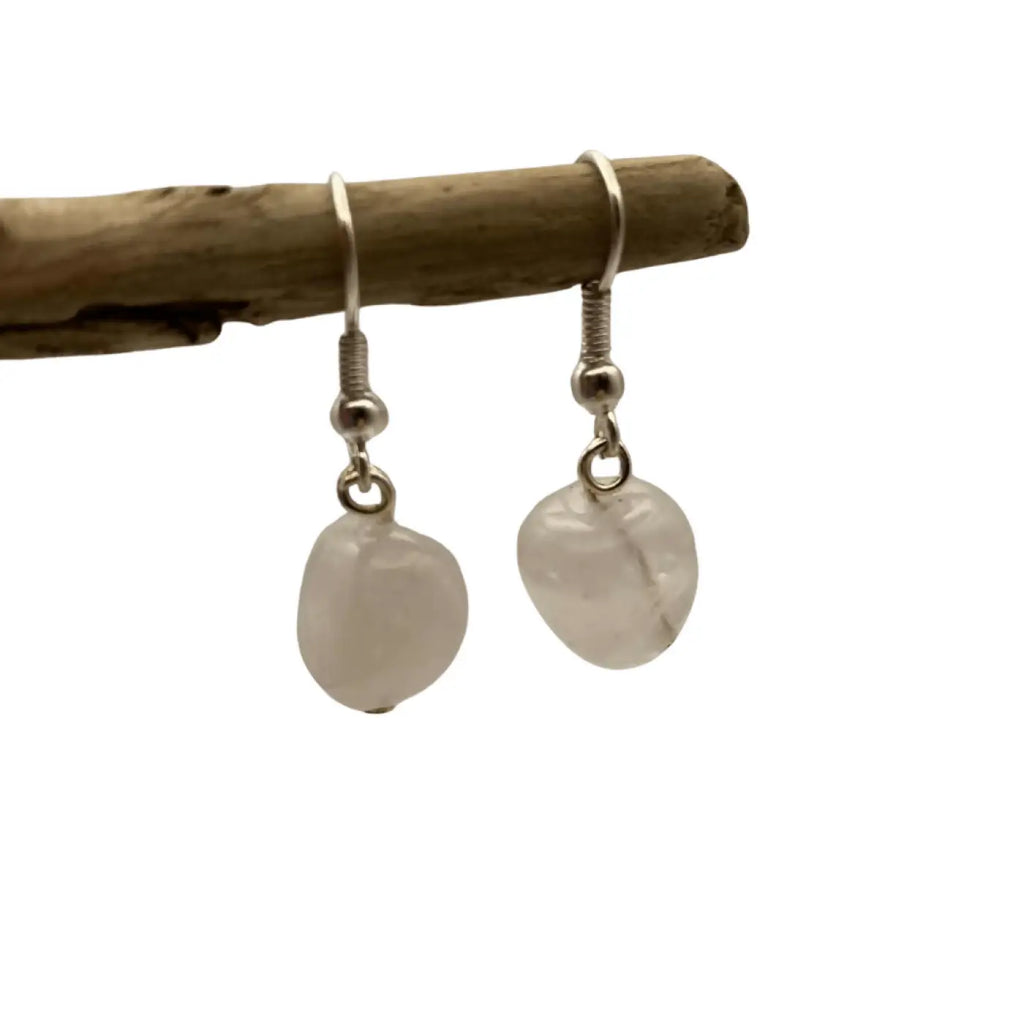 Silver-toned handcrafted rose quartz earrings feature smooth translucent white quartz stones and natural amethyst gemstones