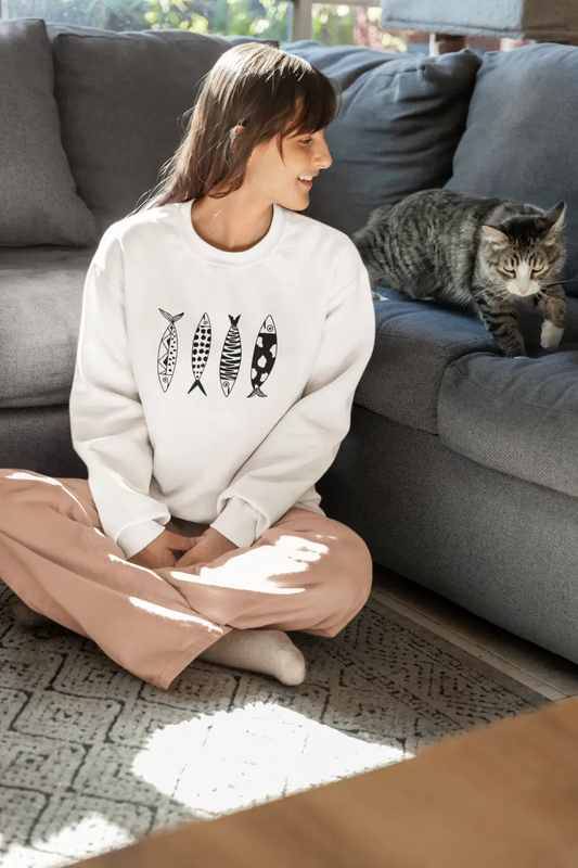 White sardine crew sweatshirt with black stylized fish graphic in cotton-polyester blend everyday essential