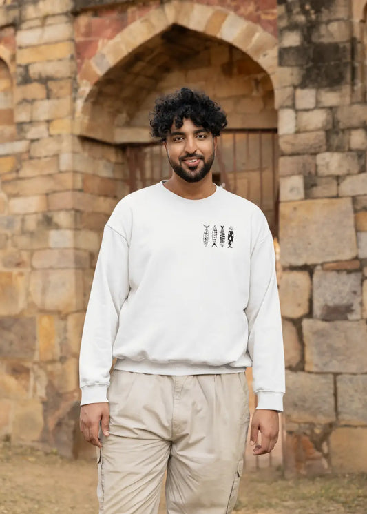 White crewneck sweatshirt sardines crew with black fish embroidery made from cotton-polyester blend everyday essential