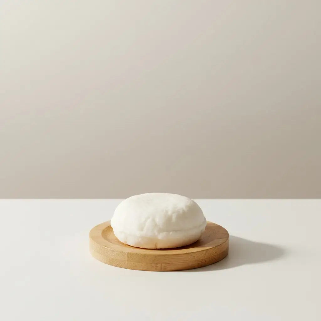 A round off-white shampoo bar rests on a light brown wooden dish for a pure wash for hair
