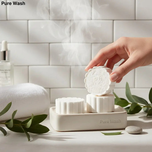 White circular shower steamers with intricate embossed designs in a ceramic dish labeled pure wash for spa-like aromatherapy and gentle fizz