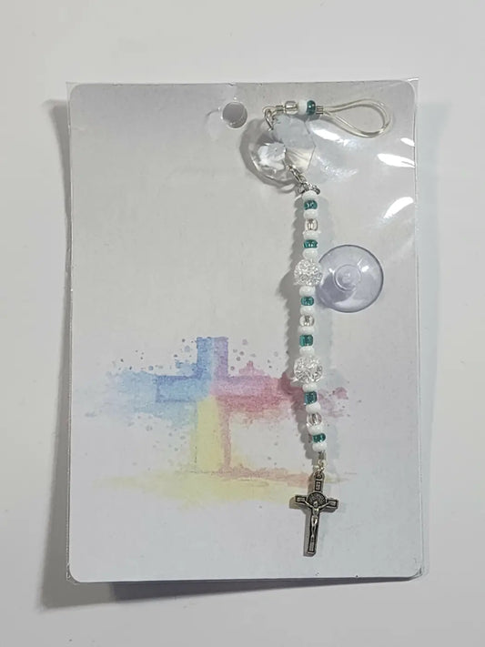 Small cross suncatcher phone strap with silver tone, white and green beads, clear crystal charm, and suction cup attachment