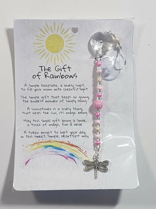 Small dragonfly suncatcher with delicate pink and white beads and a silver dragonfly charm for decorative use