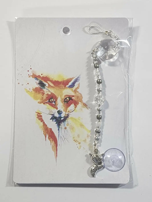 Small fox suncatcher silver fox-themed car air freshener with clear crystal beads and suction cup attachment