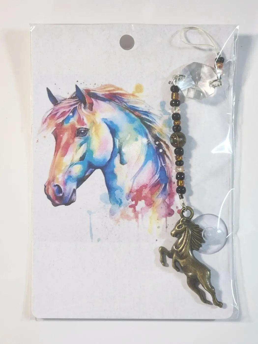 Small horse suncatcher bronze horse figurine charm with beaded chain and clear crystal accents for suncatchers work best