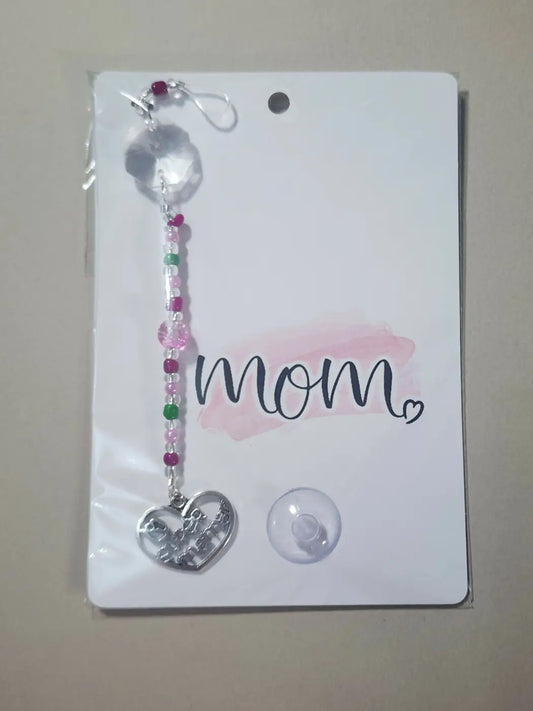 Small mom 1 silver heart-shaped charm with engraved text on pink and green beads with clear crystal pendant for canadian made skincare