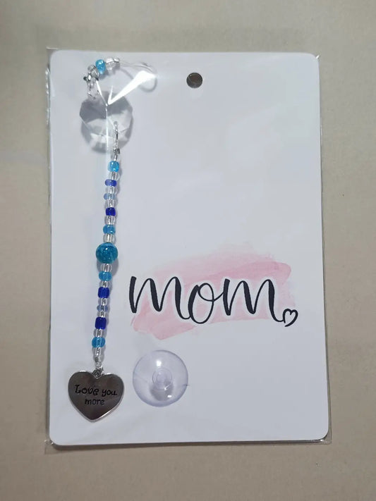 Delicate blue and silver beaded car sunshade charm with heart pendant engraved love you more, canadian made skincare gift