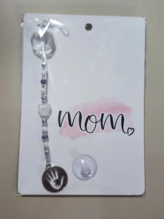 Small mom 12 silver-toned handprint charm with clear crystal beads and engraved palm design for canadian made skincare
