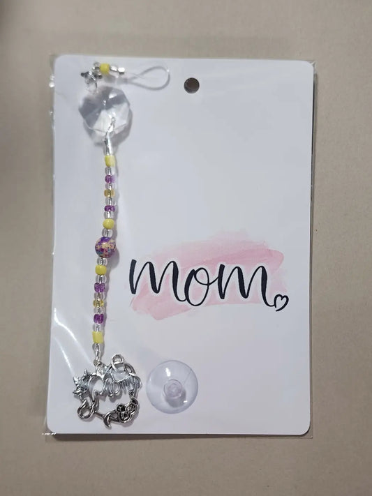 Small Mom 15 silver unicorn charm phone strap with yellow purple beads and clear crystal pendant canadian made skincare