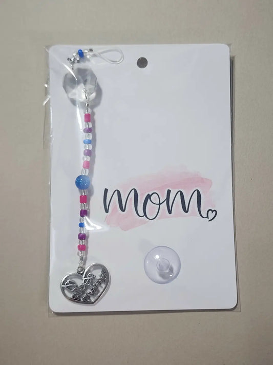 Small mom 3 silver heart-shaped charm with engraved text on beaded chain featuring pink blue and purple beads natural skincare canada