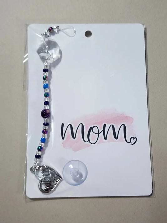 Small mom 4 silver heart charm with mom engraving on beaded chain with crystal, ideal for canadian made skincare gifts