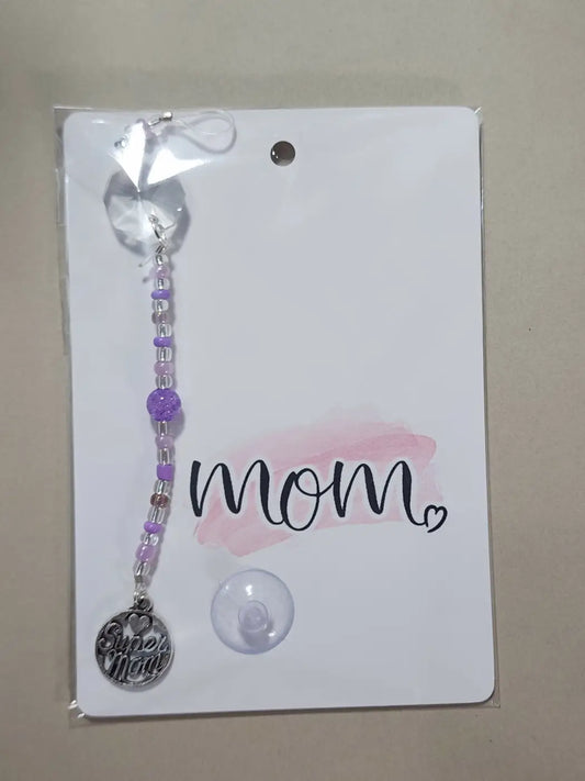 Small mom 6 delicate purple and silver handmade beaded car seat strap with super mom charm for canadian made skincare use