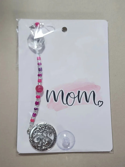 Small mom 7 silver tree of life pendant with pink purple beads and clear crystal for canadian made skincare fans