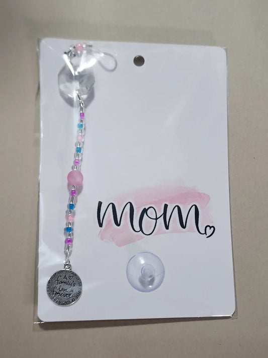 Small Mom 8 delicate pink and blue beaded carabiner charm with silver mom pendant, ideal for canadian made skincare gifts