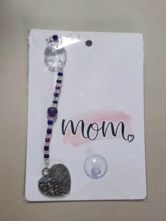Small Mom 9 silver heart charm with engraved text on purple beaded chain, ideal for canadian made skincare gifts