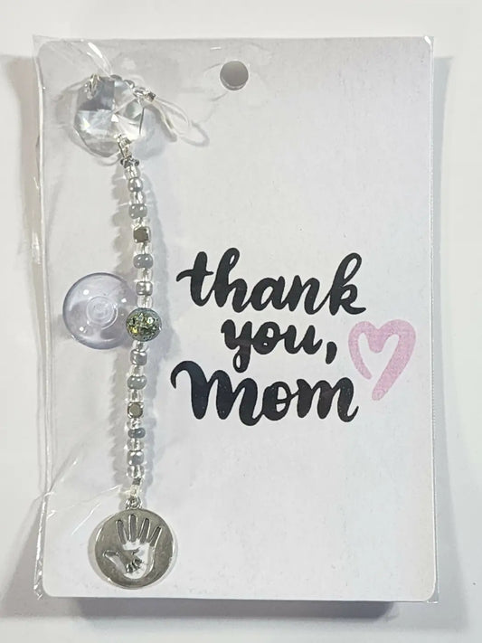 Small mom suncatcher silver handprint charm with clear crystal and round translucent beads works best in direct sunlight