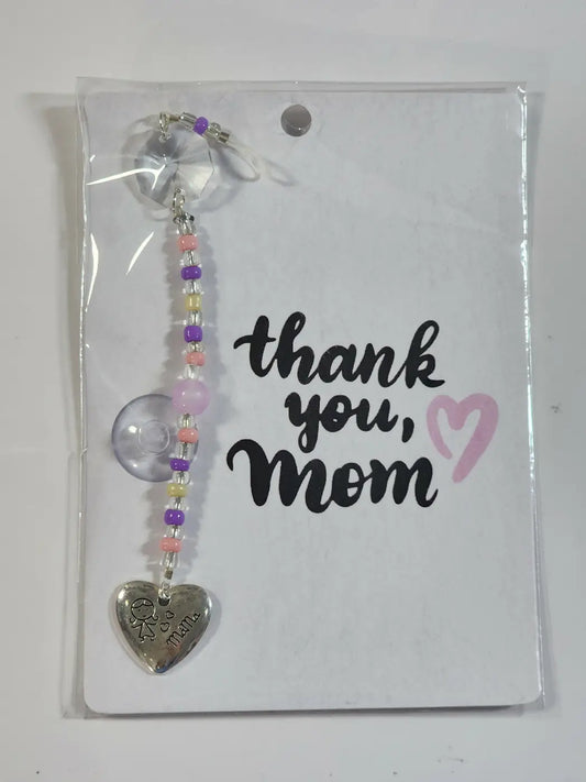 Small mom suncatcher beaded car sun visor charm with silver heart pendant and pastel beads attaches with suction cups for direct sunlight