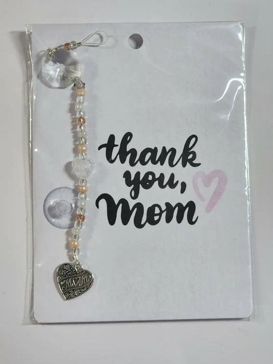 Small mom suncatcher 7 featuring a delicate beaded charm with clear crystal, pearl, metallic beads, and engraved silver heart pendant ideal for direct sunlight