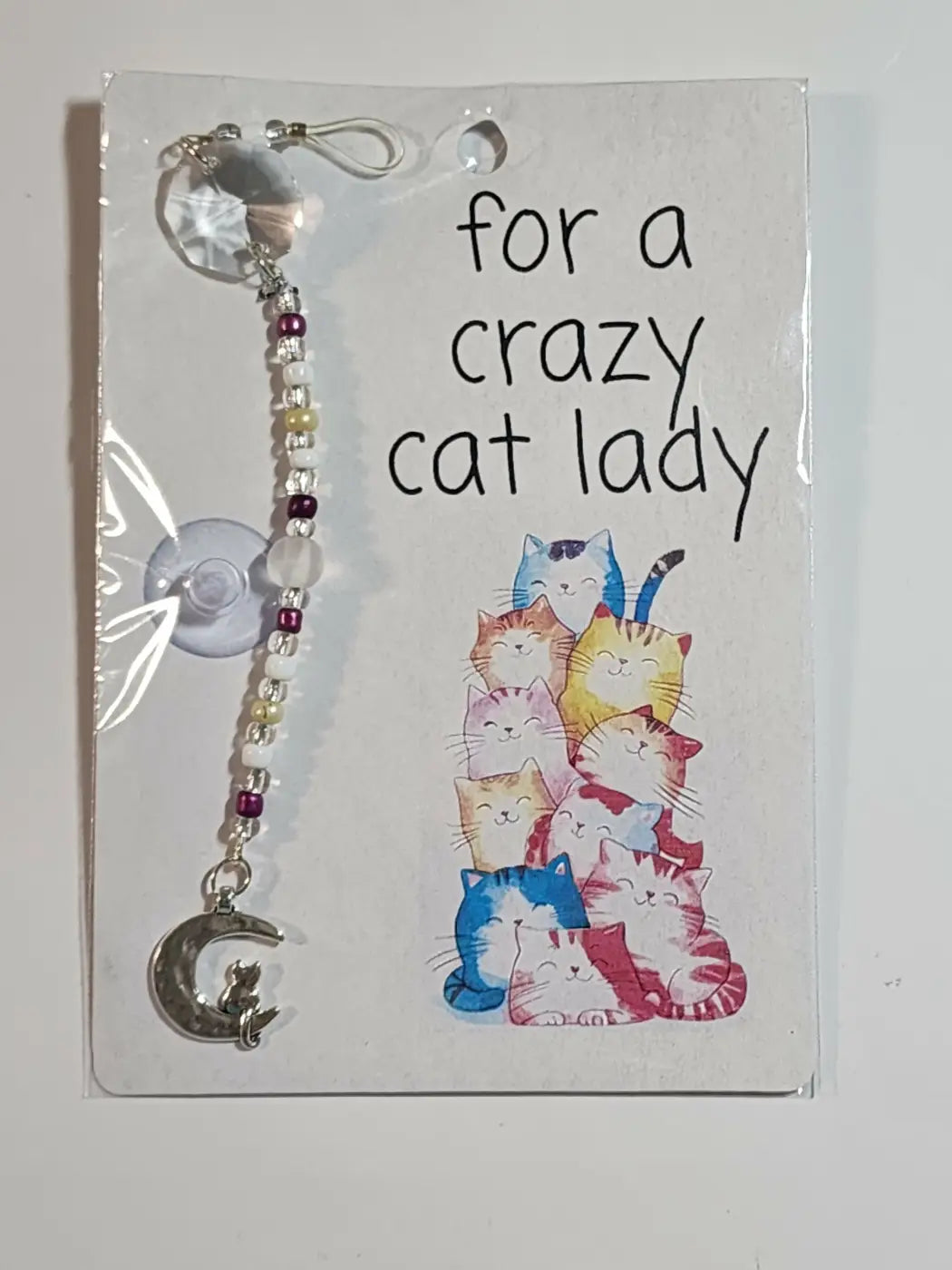 Small suncatcher silver beaded car window charm with crescent moon cat pendant clear crystals colorful beads canadian made skincare