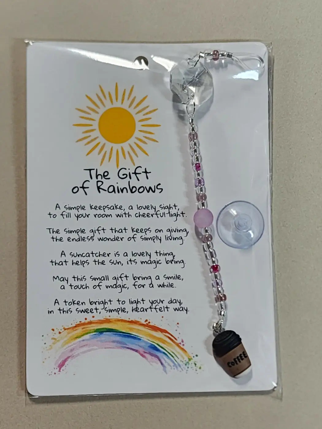 Small suncatcher clear glass with pink silver beads coffee cup charm and suction cup ideal for canadian made skincare spaces