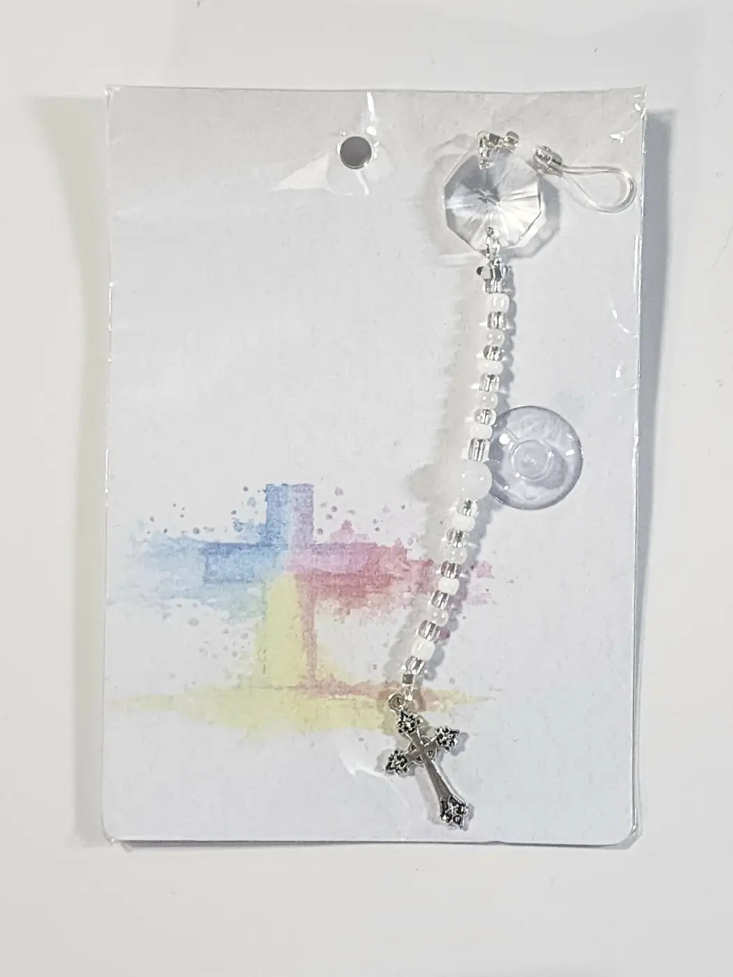 Small suncatcher delicate silver-toned rosary chain with clear faceted beads and ornate cross pendant for natural skincare canada