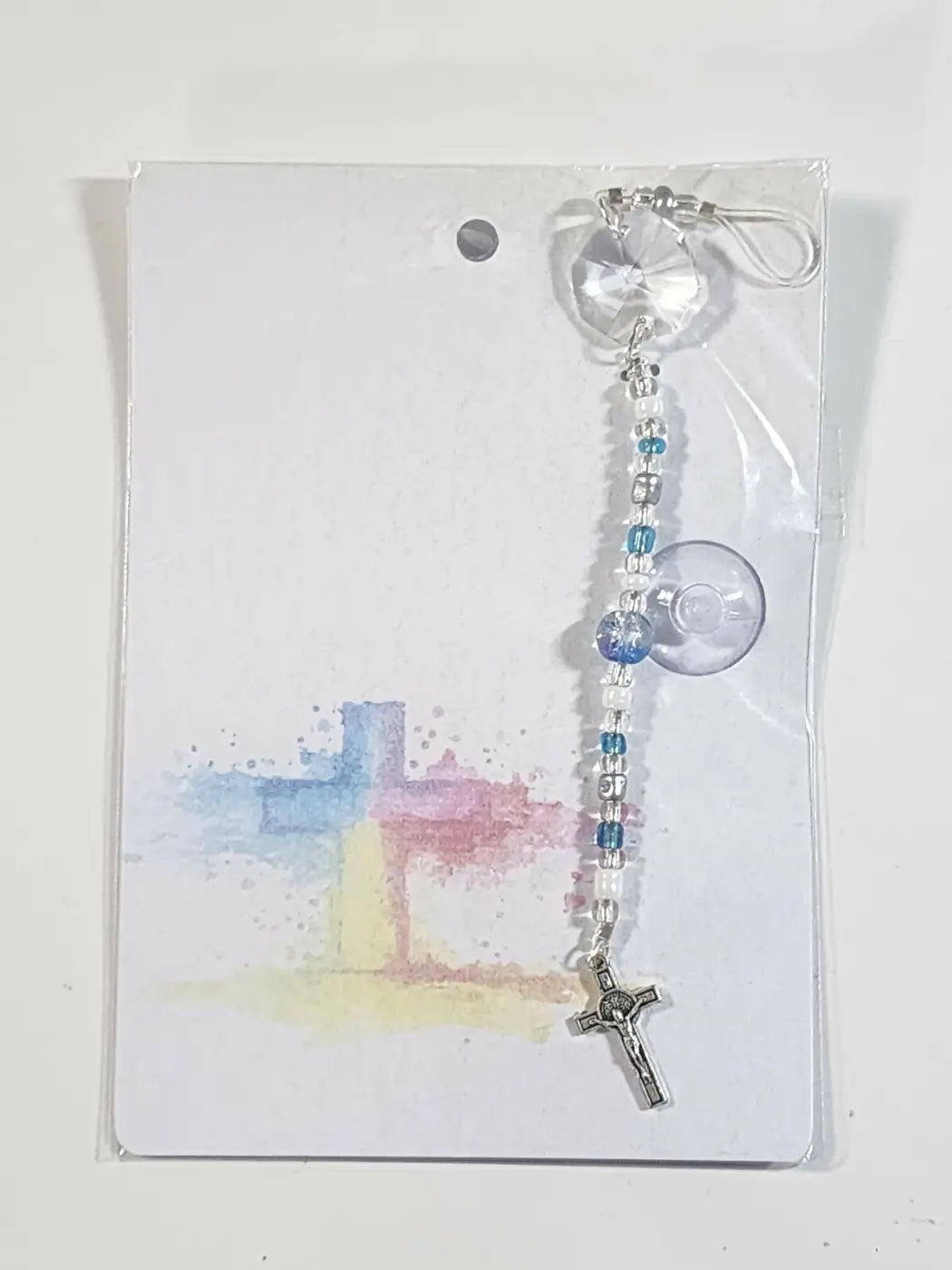 Small suncatcher delicate blue clear beaded rosary charm with silver cross and suction cup for car made in canada skincare