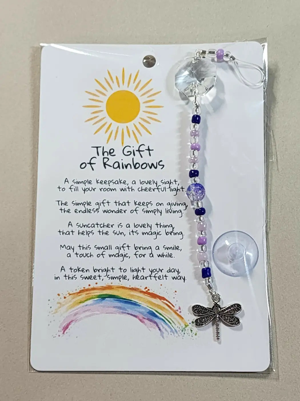 Small suncatcher delicate dragonfly design with clear crystal top and purple blue silver beads ideal for canadian made skincare spaces