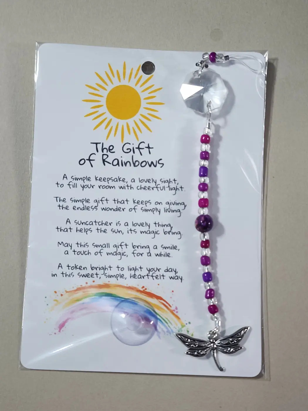Small suncatcher silver dragonfly with clear crystal prism and purple pink white beads ideal for canadian made skincare spaces