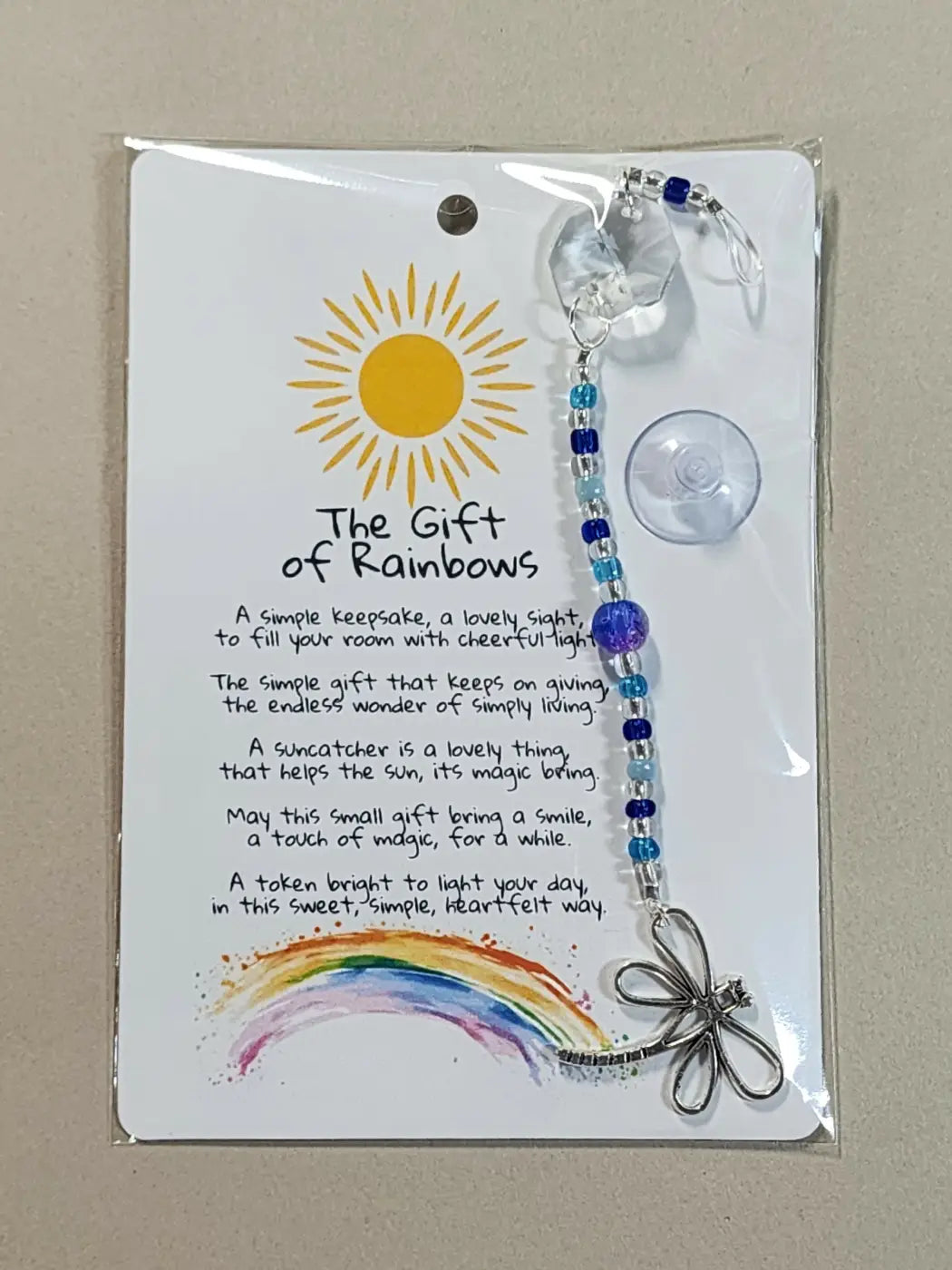 Small suncatcher silver dragonfly with clear crystal top and blue purple beaded chain ideal for canadian made skincare decor