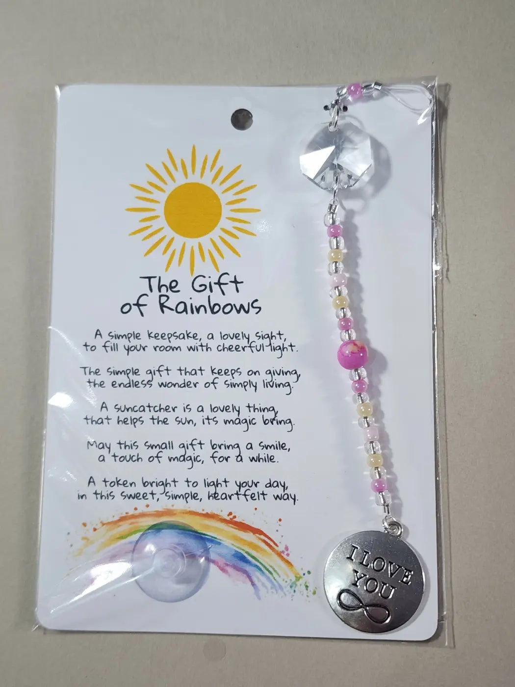 Small suncatcher featuring a silver i love you infinity symbol charm with pink and clear beads and faceted crystal sun catcher, ideal for canadian made skincare spaces